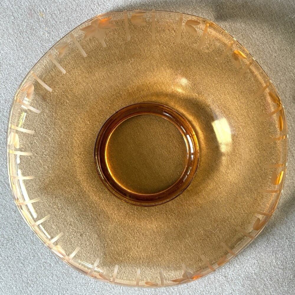 Vintage Amber Glass Serving Bowl 11” Etched Floral Art Deco Mid Century